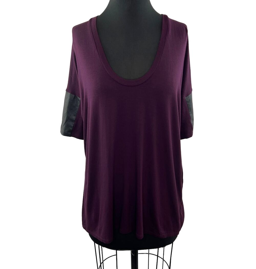 Michelle MASON Purple Black Top Scoop Neck Lambs Leather Sleeve Size Small S